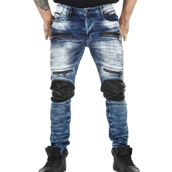 Men's Vintage Leather Patches And Zipper Details Denim Jeans - Cotosen.com 