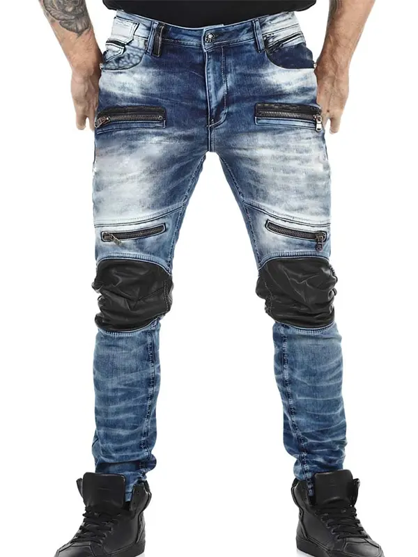 Men's Vintage Leather Patches And Zipper Details Denim Jeans - Pragmaace.com 