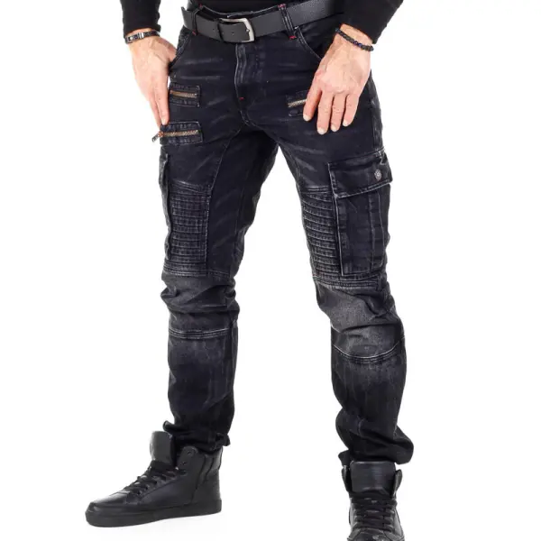 Men's Vintage Motorcycle Zipper Pockets Denim Jeans - Rabclub.com 