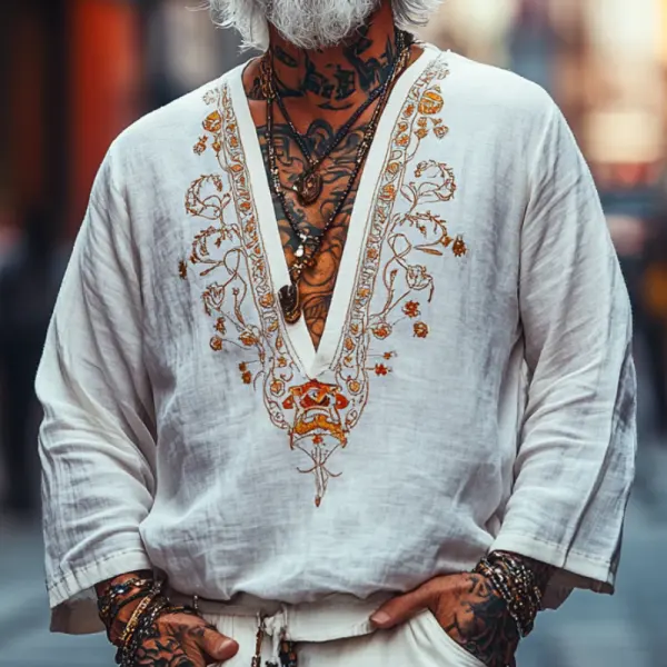 Men's Vintage Embroidered V-neck Cotton Linen Shirt - Wayrates.com 