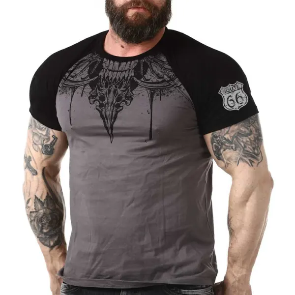 Men's Vintage Skull Route 66 Graphic Print Raglan Sleeves T-Shirt Only $23.99 - Elementnice.com 