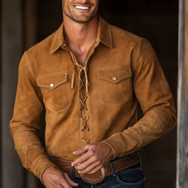 Men's Vintage Suede Rustic Western Lace-Up Front Shirt Brown - Wayrates.com 