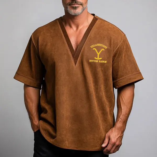 Men's Vintage Suede Embroidery Yellowstone Logo V-neck T-shirt Brown - Wayrates.chimpone.com 