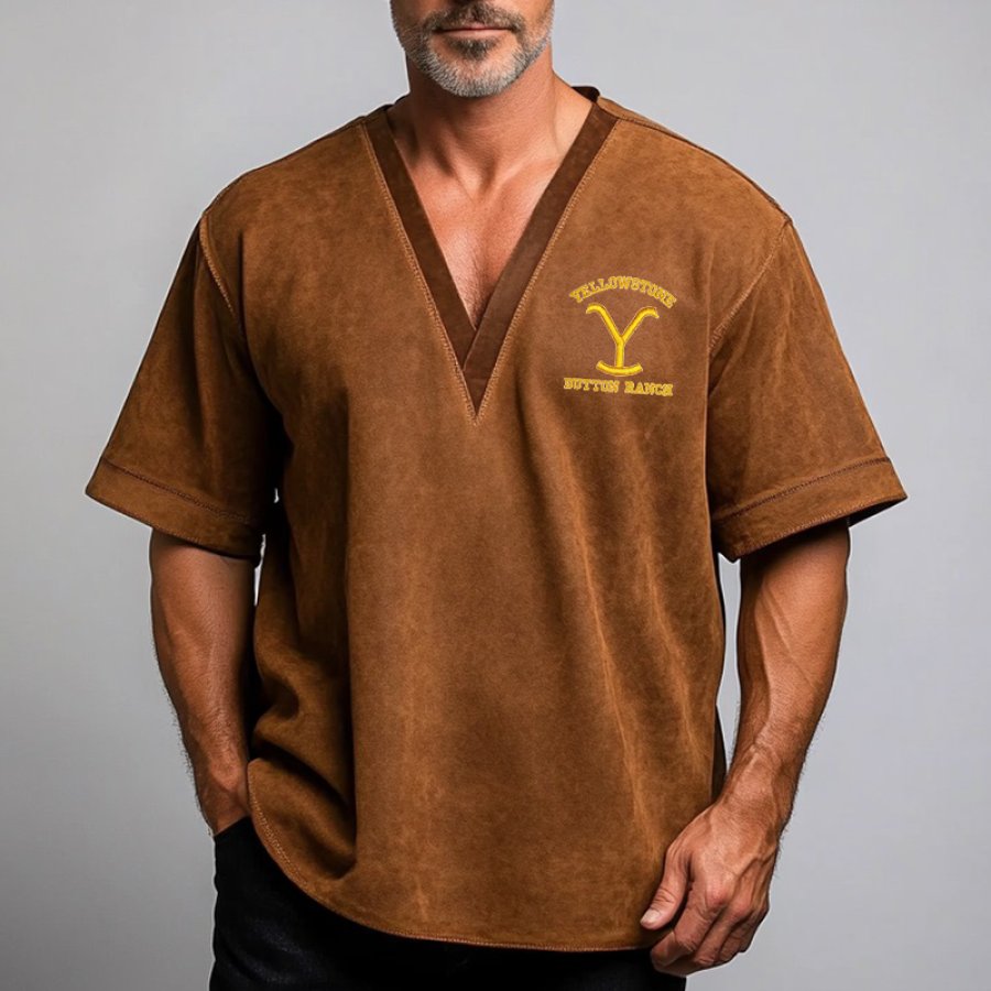 

Men's Vintage Suede Embroidery Yellowstone Logo V-neck T-shirt Brown