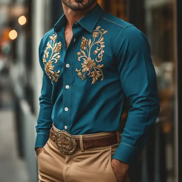Men's Vintage Western Cowboy Embroidered Shirt Teal - Wayrates.com 