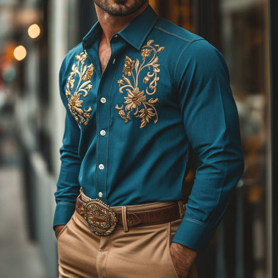 

Men's Vintage Western Cowboy Embroidered Shirt Teal