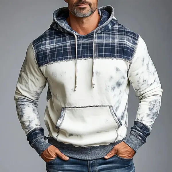 Men's Vintage Fashionable Plaid And Tie-Dye Patchwork Hoodie - Wayrates.com 