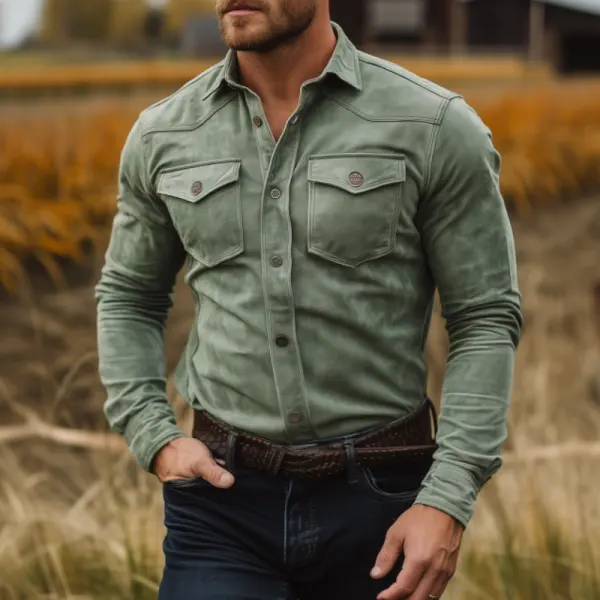 Men's Vintage Suede Pockets Outdoor Tactical Button Down Shirt Green - Wayrates.com 