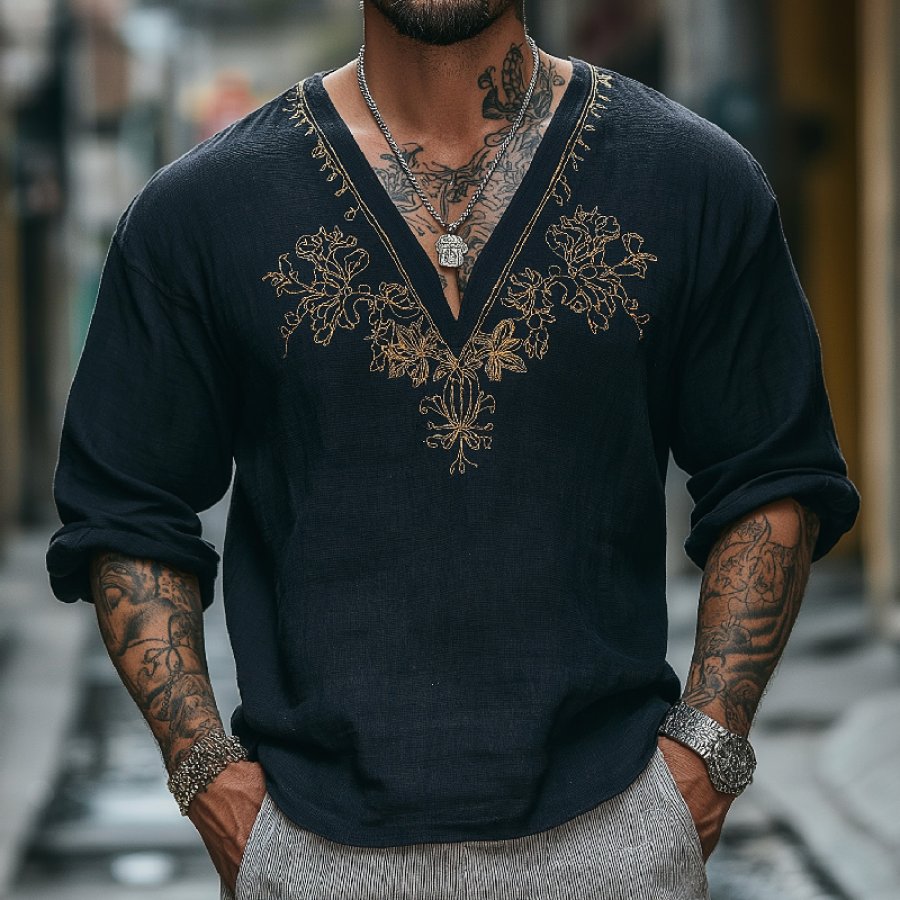 

Men's Vintage Embroidered V-neck Cotton Linen Shirt