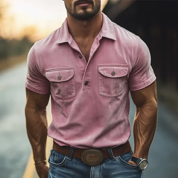 Men's Vintage Suede Pink Casual Pockets Polo T Shirt - Wayrates.com 