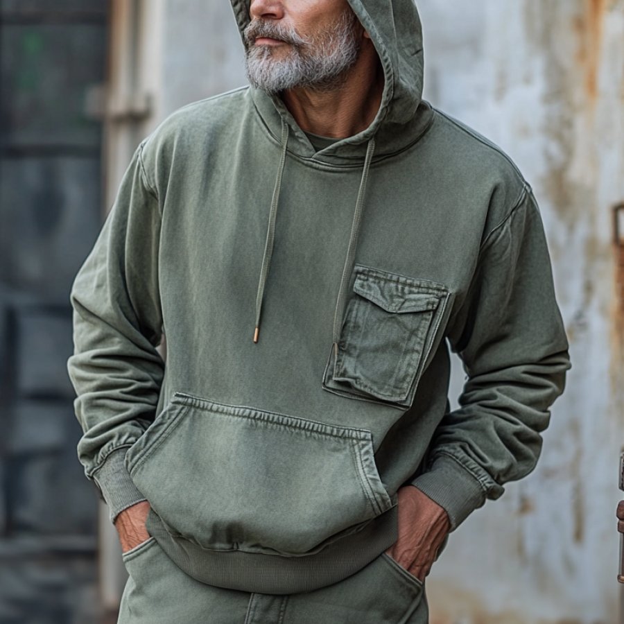 

Men's Vintage Tactical Utility Pockets Hoodie Military Green