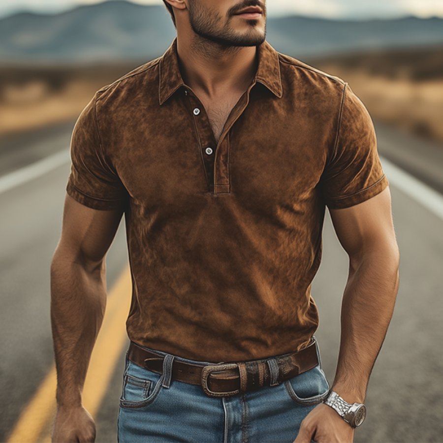 

Men's Vintage Suede Western Polo Shirt Brown