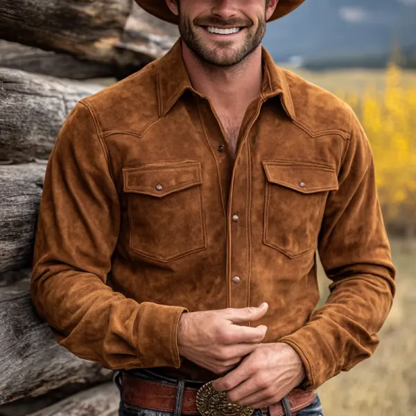 Men's Vintage Suede Western Cowboy Style Shirt Brown - Wayrates.com 