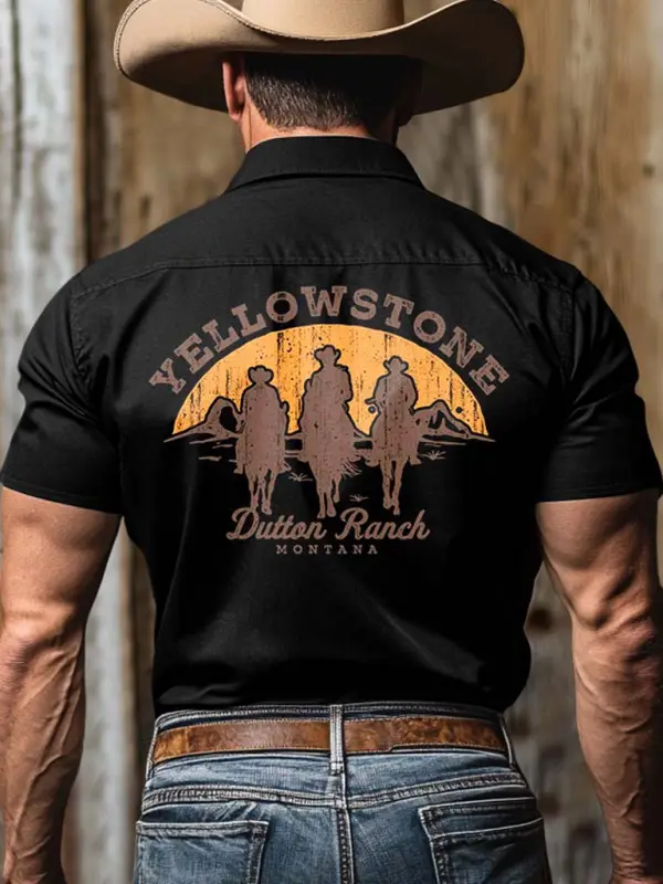 Men's Western Cowboy Yellowstone Riders Of Dutton Ranch Print Outdoor Short Sleeve Black Rodeo Shirts - Menbarn.com 