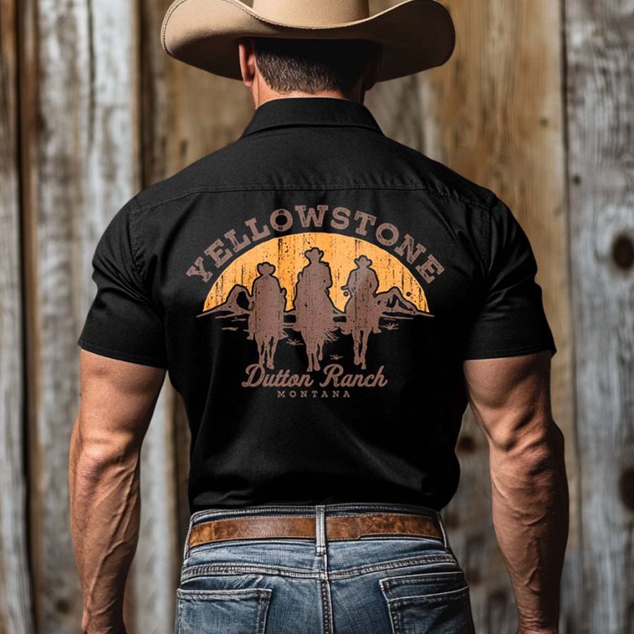 

Men's Western Cowboy Yellowstone Riders Of Dutton Ranch Print Outdoor Short Sleeve Black Rodeo Shirts