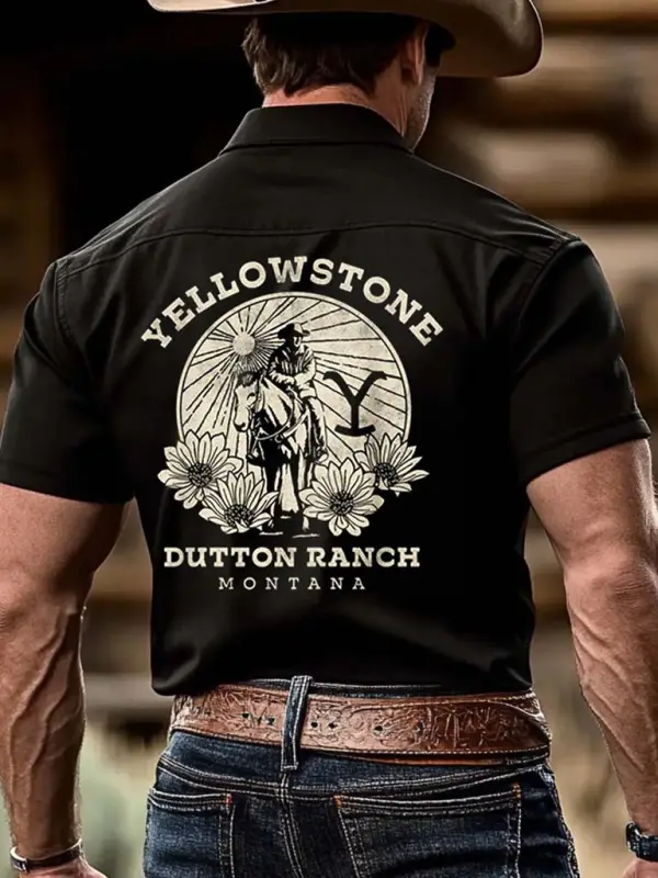 Men's Yellowstone Sunflower Dutton Ranch Western Cowboy Print Outdoor Short Sleeve Black Rodeo Shirts - Menbarn.com 