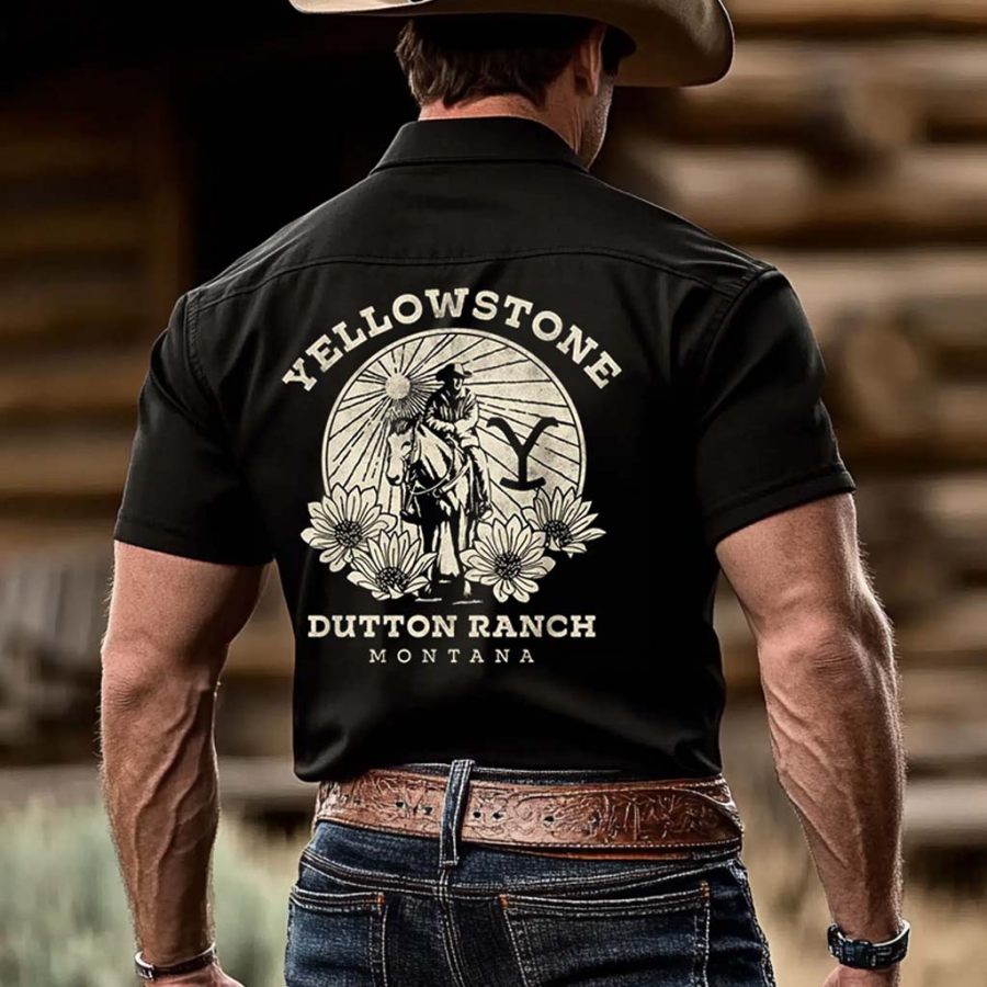 

Men's Yellowstone Sunflower Dutton Ranch Western Cowboy Print Outdoor Short Sleeve Black Rodeo Shirts