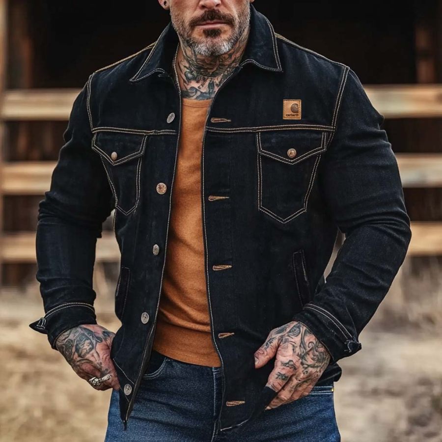 

Men's Vintage Outdoor Denim Cowboy Pocket Lapel Jacket