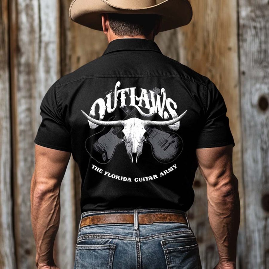 

Men's Yellowstone Guitar Bullhead Rock Country Music Western Cowboy Print Outdoor Short Sleeve Black Rodeo Shirts