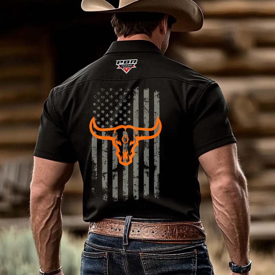 

Men's Western Cowboy Be 90 American Flag KC Team Print Outdoor Short Sleeve Black Rodeo Shirts