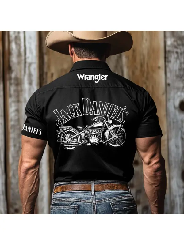 Men's Western Cowboy Whiskey Motorcycle Print Outdoor Short Sleeve Black Rodeo Shirts - Aptkoi.com 