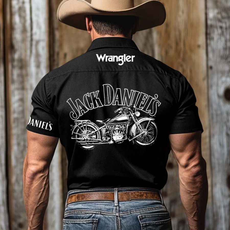 

Men's Western Cowboy Whiskey Motorcycle Print Outdoor Short Sleeve Black Rodeo Shirts