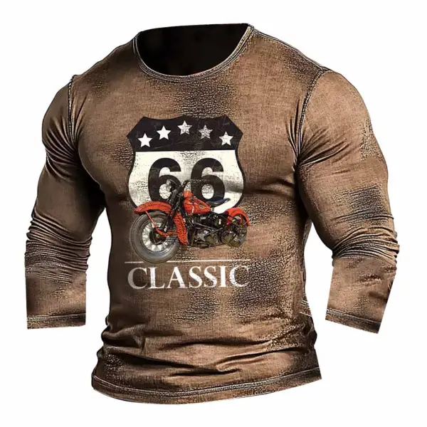 Men's Vintage Route 66 Classic Motorcycle Print Outdoor Long Sleeve Crew Neck T-shirt - Cotosen.com 