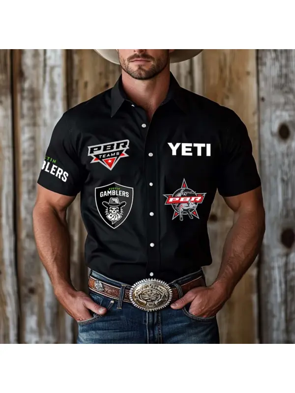 Men's Western Cowboy AG Team Print Outdoor Short Sleeve Black Rodeo Shirts - Aptkoi.com 