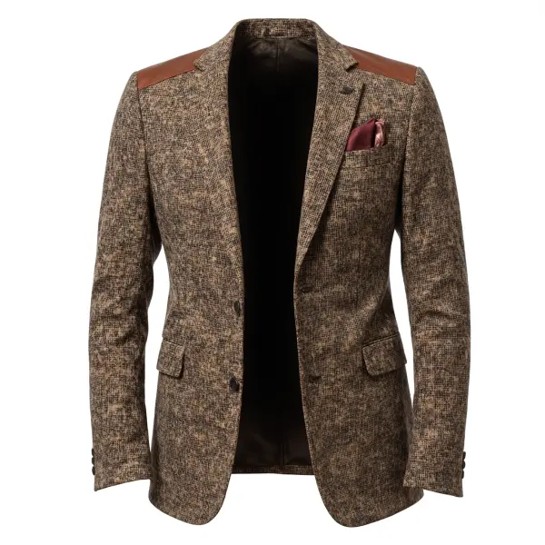 Zero Day Men's Vintage Elegant Brown Tweed Blazer With Leather Shoulder Patches Suit - Cotosen.com 