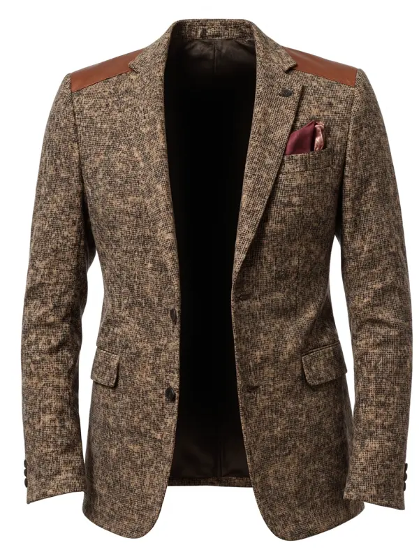 Zero Day Men's Vintage Elegant Brown Tweed Blazer With Leather Shoulder Patches Suit - Pragmaace.com 