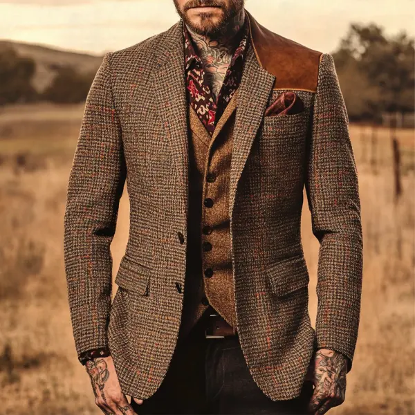 Men's Vintage Elegant Brown Houndstooth Blazer With Leather Shoulder Patches Suit - Wayrates.chimpone.com 