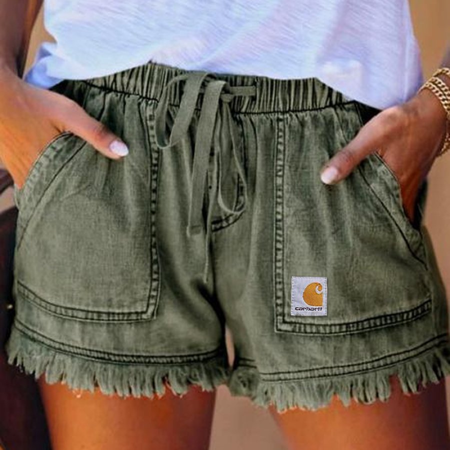 

Women's Carhartt Green Denim Shorts With Elastic Waistband And Frayed Hem
