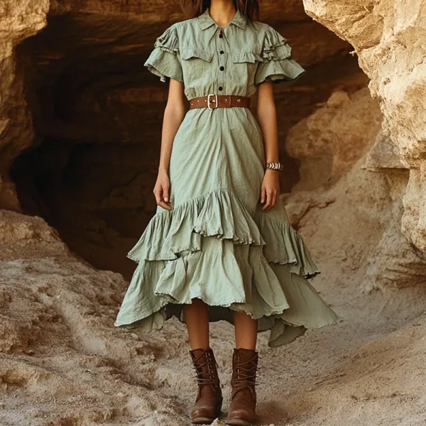 Women's Cake Wrinkles Elegant Bohemian Green Dress With Ruffled Layers - Anurvogel.com 