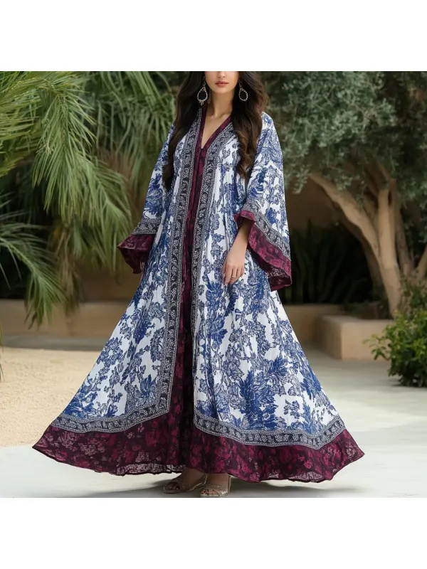 Women's Middle Eastern Floral Print Contrast Color Stitching Temperament Four Seasons Robe Dress - Aptkoi.com 