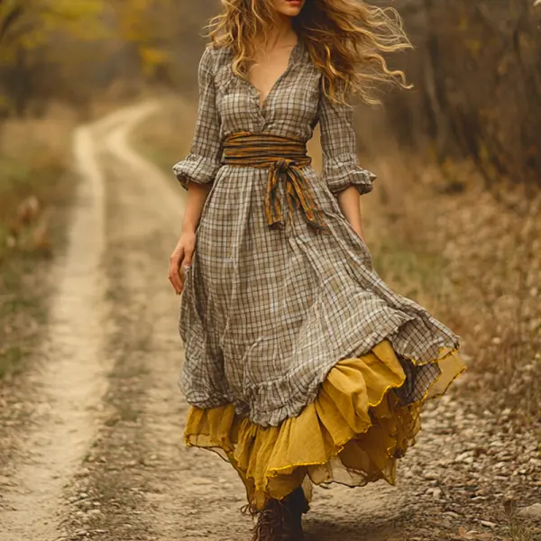 Women's Autumnal Bohemian Elegance A Plaid Dress With Flowing Layers - Anurvogel.com 