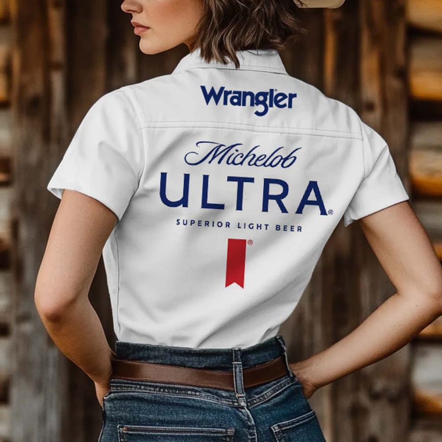 

Women's Western Cowgirl Light Beer Print Pocket Cowboy Short Sleeve White Shirts