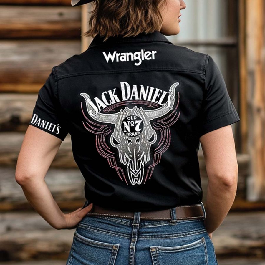 

Women's Western Cowgirl Bull Head Whiskey Print Cowboy Short Sleeve Black Shirts