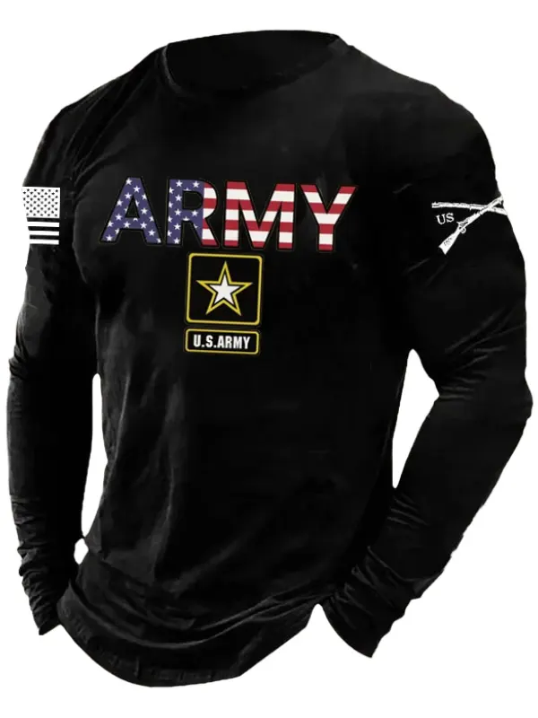 Men's Vintage Veterans Day ARMY American Flag Print Long Sleeve T-shirt - Wantbright.com 