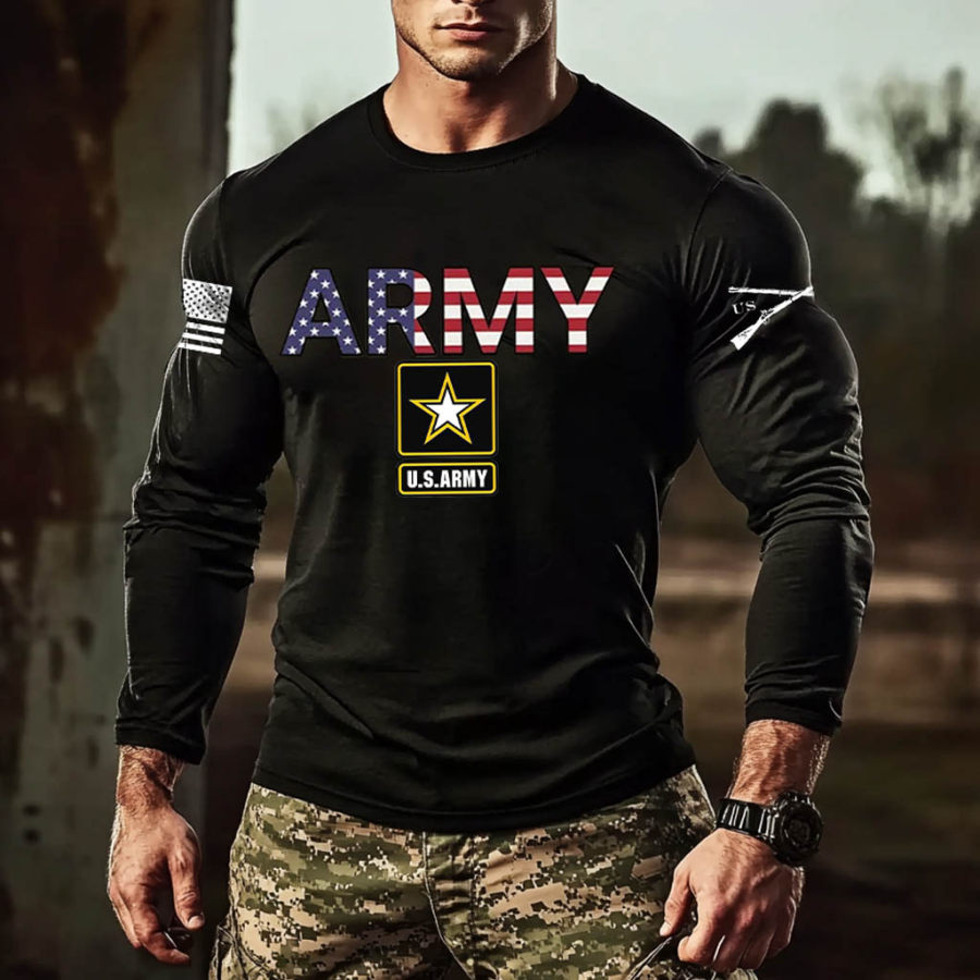 

Men's Vintage Veterans Day ARMY American Flag Print Long Sleeve T-shirt