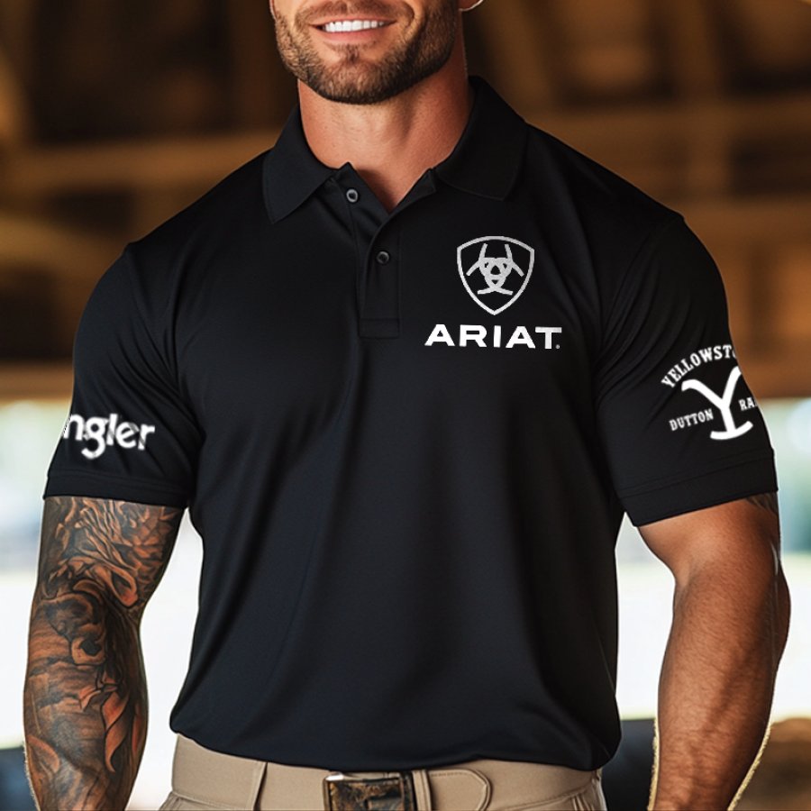 

Men's Athletic Fit Vintage Western Cowboy Polo Shirt With Brand Logos