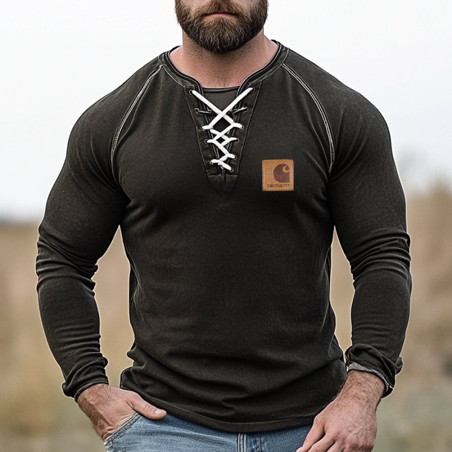 

Men's Vintage Western Outdoor Tactical Lace Up Neck Long Sleeves Henley T Shirt