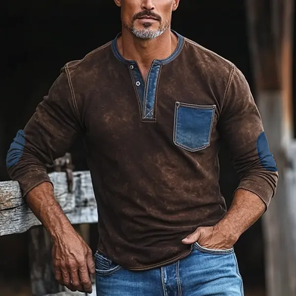 Men's Vintage Western Denim Elbow Patch Henley Shirt With Patches Pocket - Wayrates.com 