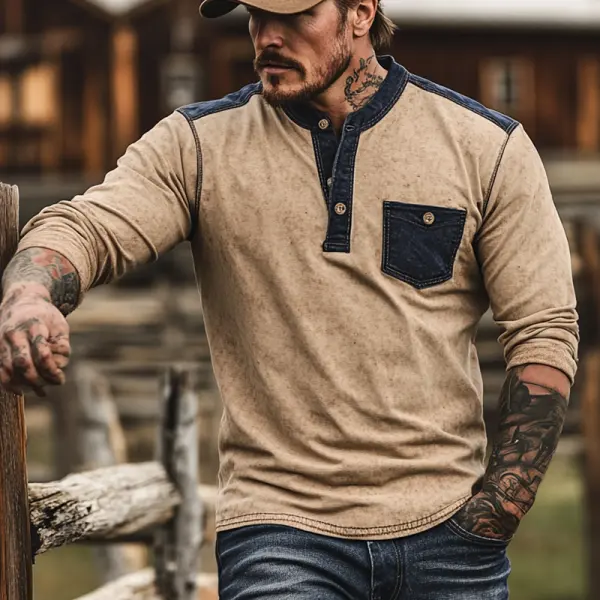 Men's Vintage Outdoor Distressed Tactical Henley Long Sleeves T Shirt - Wayrates.com 