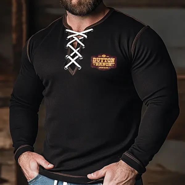 Men's Vintage Western Yellowstone Print Lace-Up Long Sleeves T-Shirt - Anurvogel.com 
