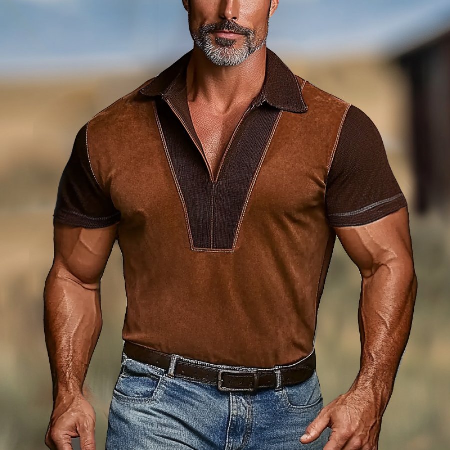 

Men's Vintage Patchwork Color Block Polo Shirt