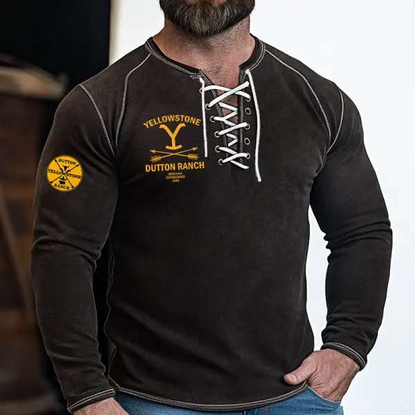 Men's Vintage Western Yellowstone Dutton Ranch Print Lace Up Neck Henley Long Sleeves T Shirt - Anurvogel.com 
