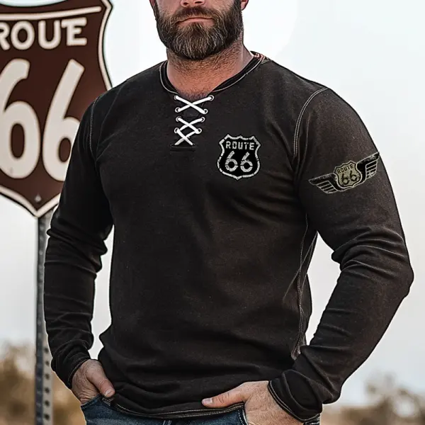 Men's Vintage Western Route 66 Lace-Up Long Sleeves T Shirt - Wayrates.com 