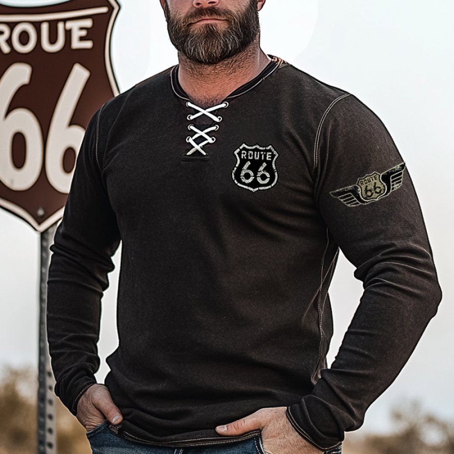 

Men's Vintage Western Route 66 Lace-Up Long Sleeves T Shirt