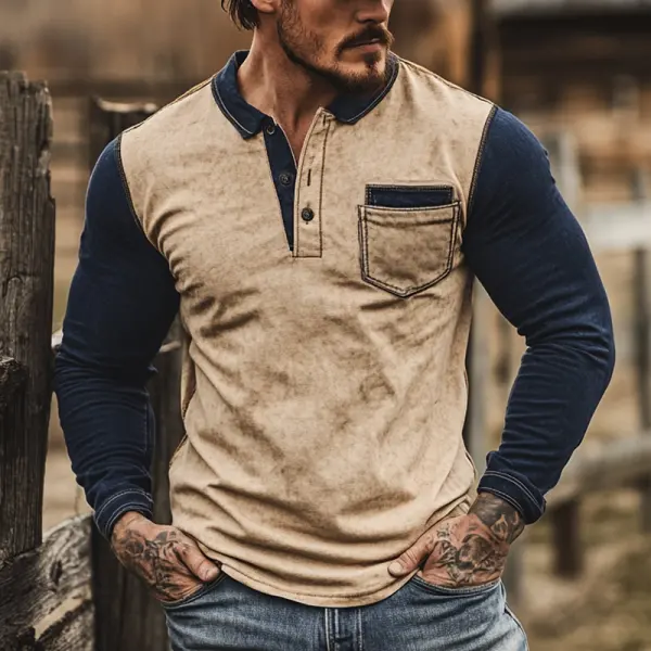 Men's Vintage Casual Color Block Tactical Polo Shirt With Contrast Sleeves - Wayrates.com 