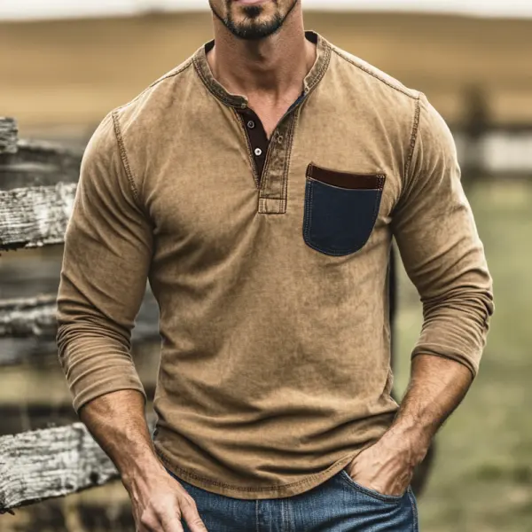 Men's Vintage Casual Color Block Contrast Pocket Henley Long Sleeves T Shirt - Wayrates.com 